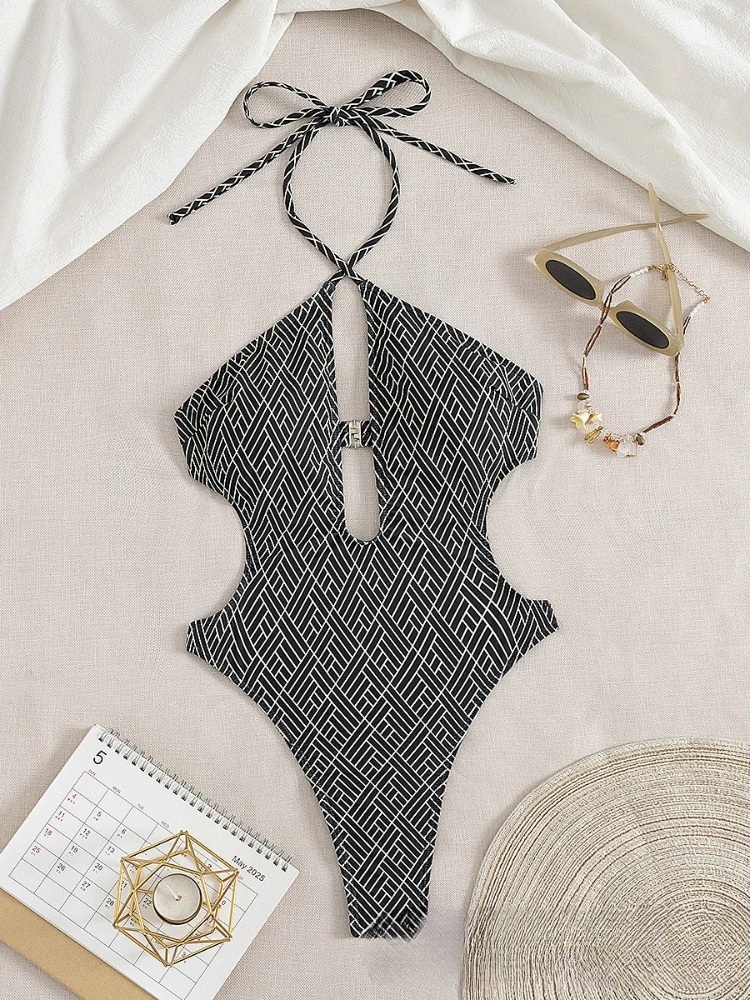 

Sexy Black Plaid Swimsuit Women 2025 Halter V Neck Hollow Backless Thong Bikini Beach Bathing Suit Holiday One Piece Beachwear