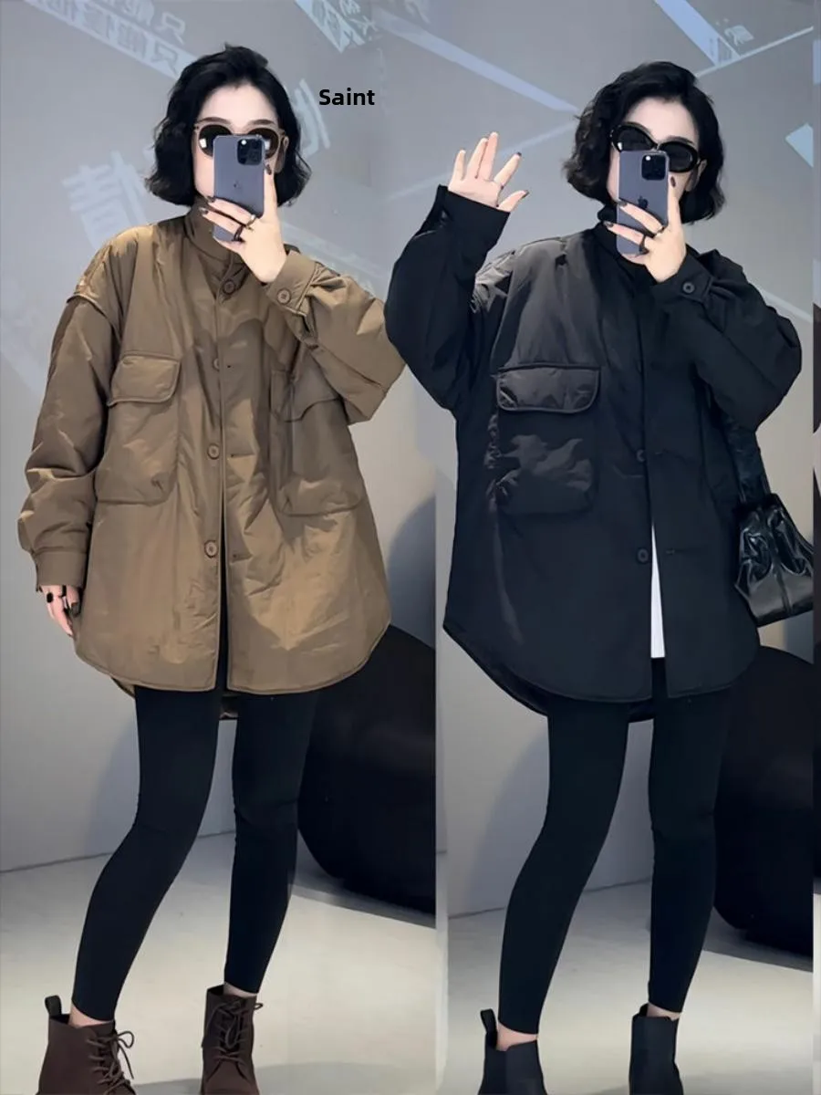 

Свободная хлопковая куртка в корейском стиле для осени и зимы, модная повседневная простая верхняя одежда с большими карманами, длинными рукавами и воротником