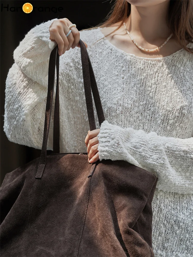 HanOrange 2025 初秋怠惰なリラクゼーション粒子テクスチャセーター女性柔らかい肌に優しいニットトップホワイト/グレー
