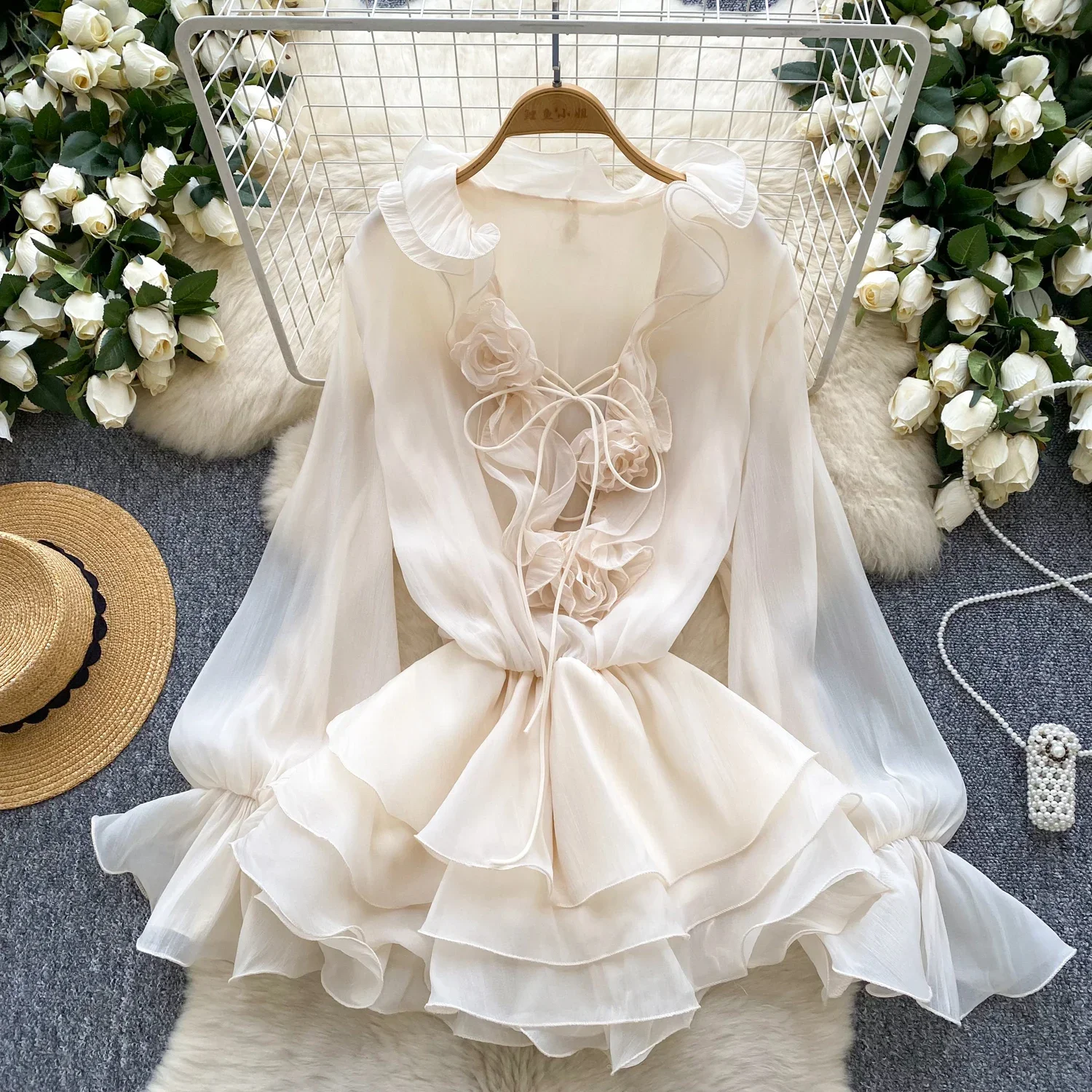 Nuovo abito corto da spiaggia floreale 3D maniche lunghe femminile con lacci volant in chiffon torta vestito estivo abito bohemien vintage sexy trasparente