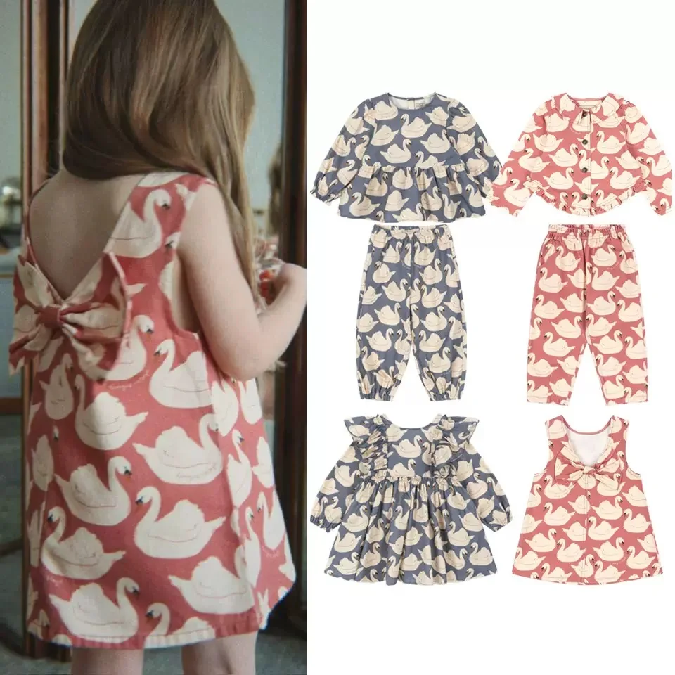 Kids Jacket Pant Set Fall Winter New Cute Fashion Swan Girls Long Sleeve Dress Cotton Thickened Warm Windproof Girls Vest