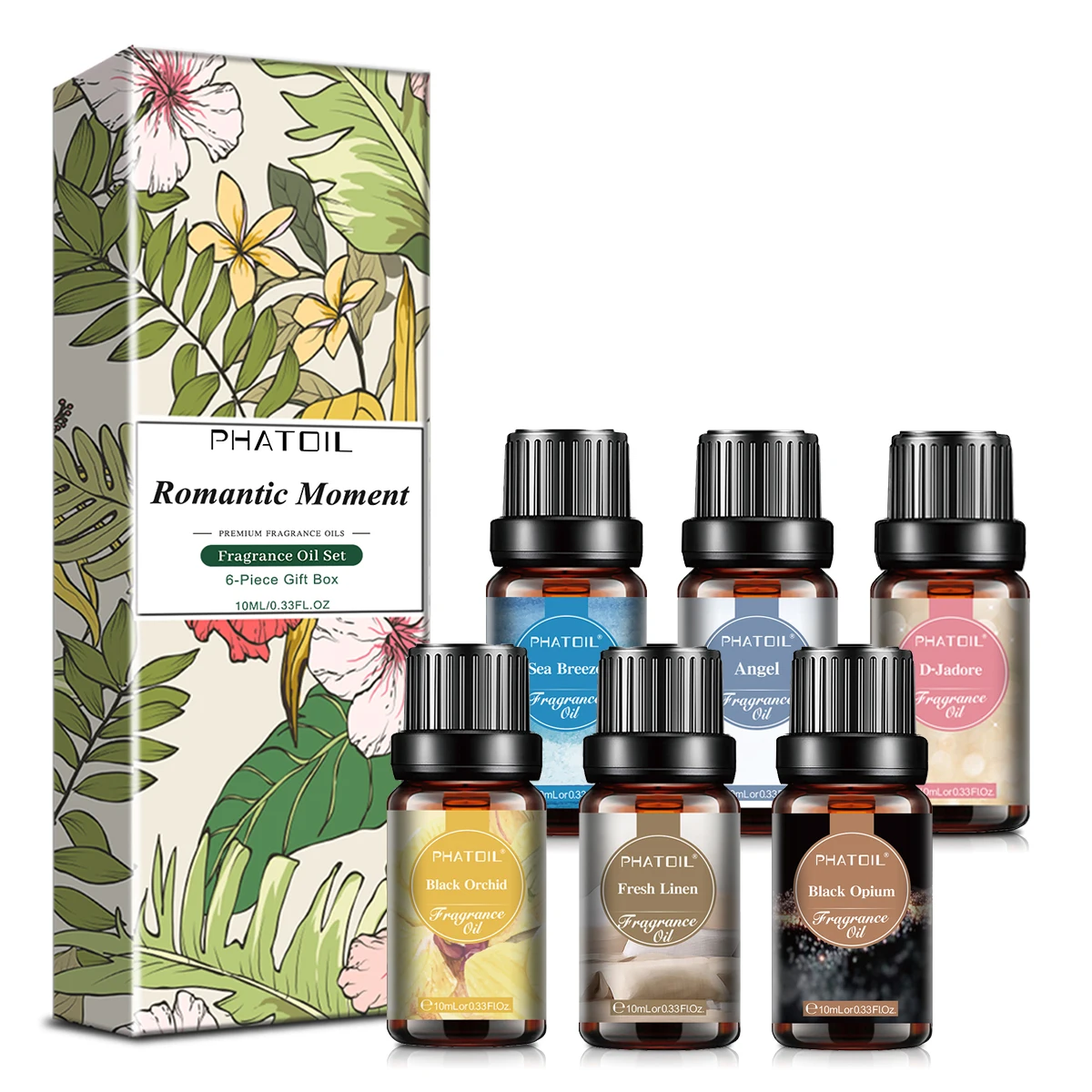 PHATOIL Coffret cadeau de 6 bouteilles d'huiles parfumées - 10 ml Lin frais, Ange, Brise marine, Orchidée noire, Opium noir, D-Jadore Huiles parfumées d'aromathérapie pour diffuseur, fabrication de bougies