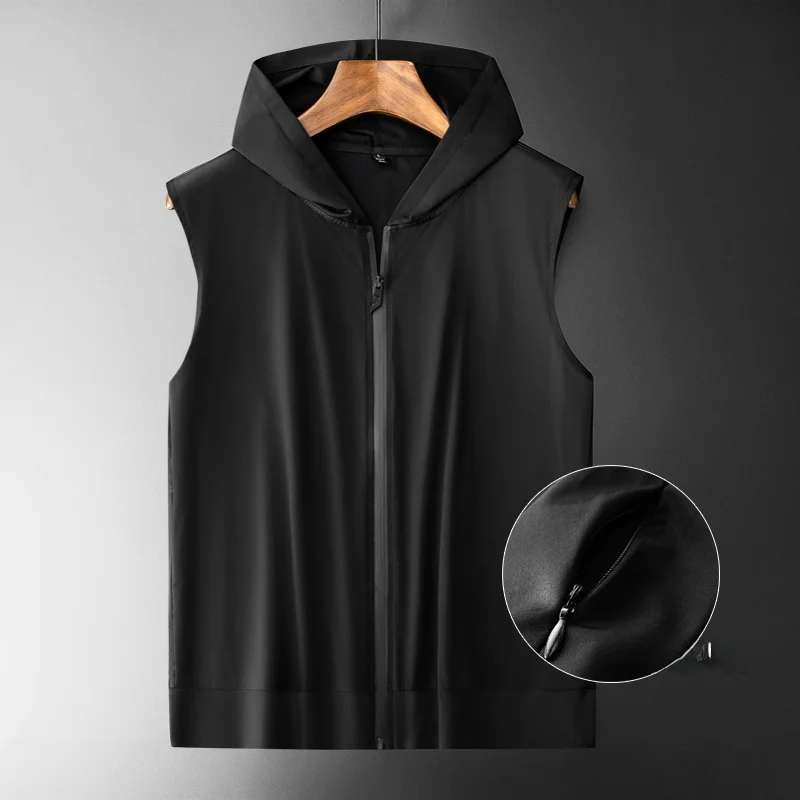

Ice Silk Hooded Vest Men's plus Size Fitness Sports Quick Dry Sleeveless Open Cardigan T-Shirt Youth Fashion Summer Trendy