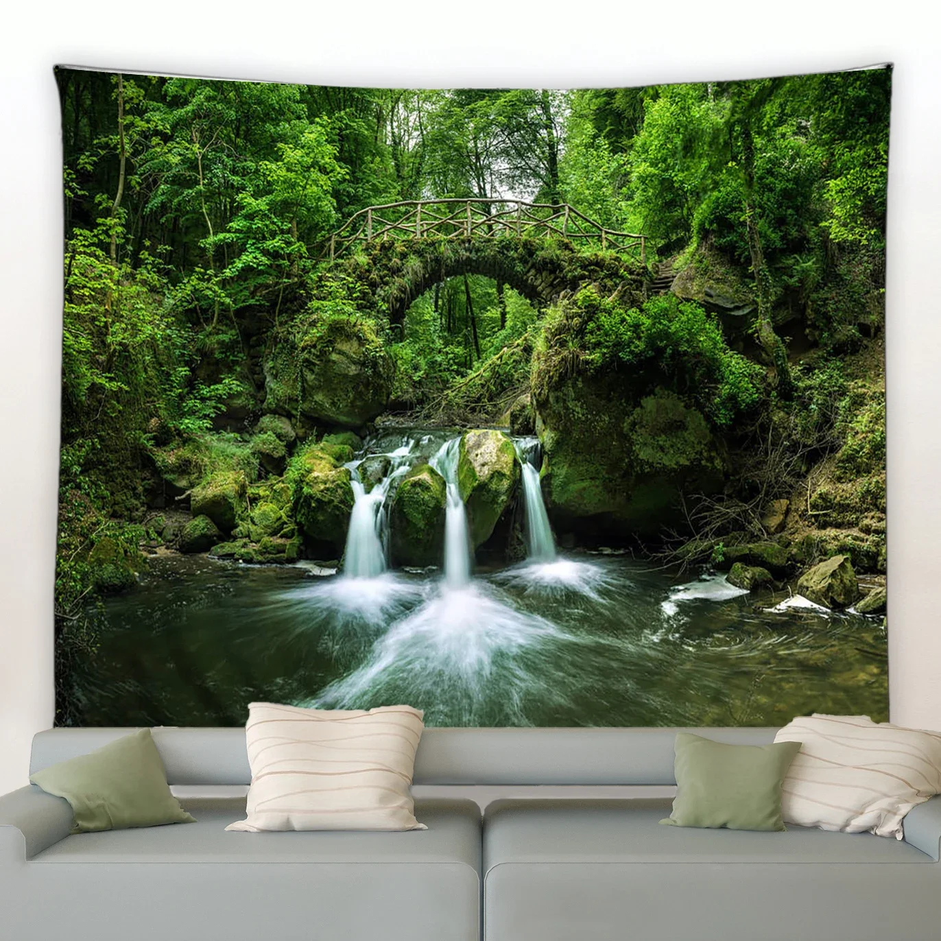 Spring scenery forest waterfall arch bridge seaside town scenery wall hanging living room garden home decoration tapestry