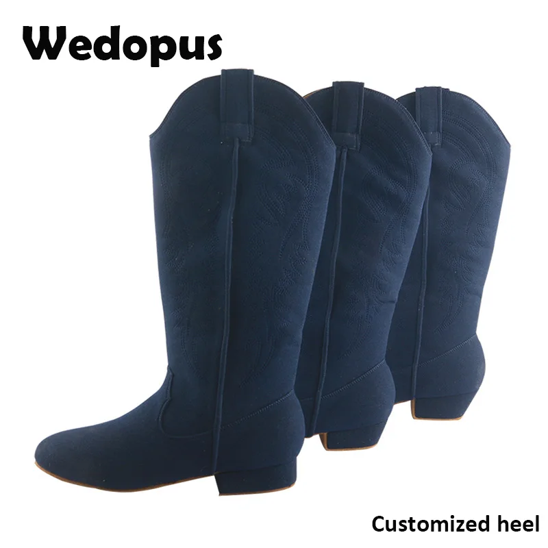 

Wedopus Customized Heel Suede Soled Western Style Long Line Dancing Boots for Women Navy Blue Embroidery Boots for Dancing