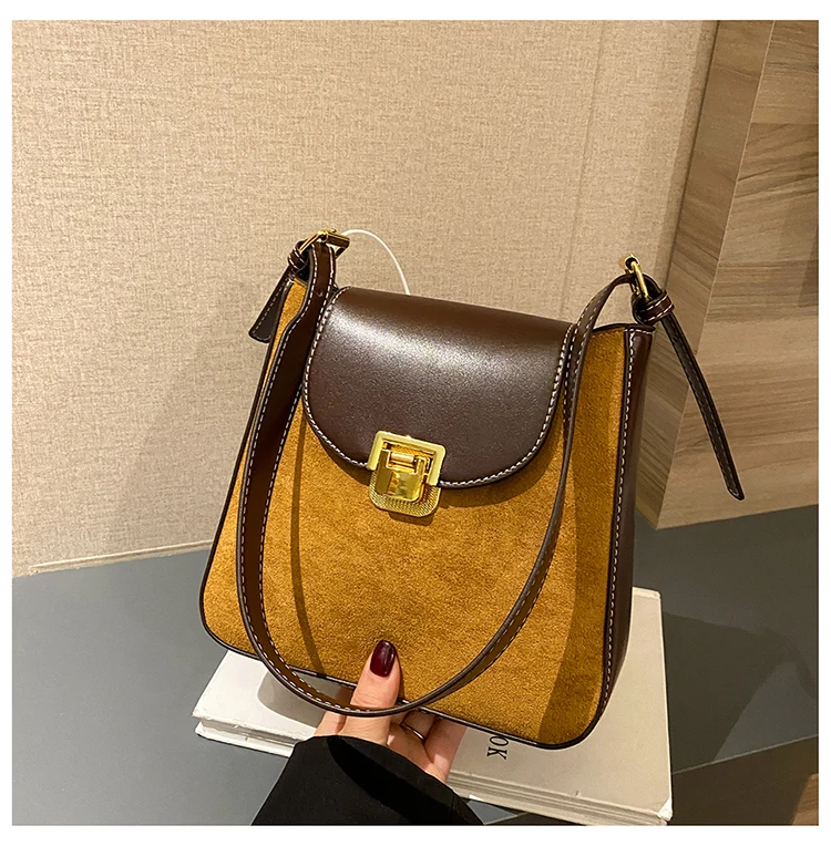 Vintage Suede Color Blocking Design Bucket Bag Women's New Fashion Shoulder Bag Handbag Luxury Crossbody Bag Advanced Lady Purse