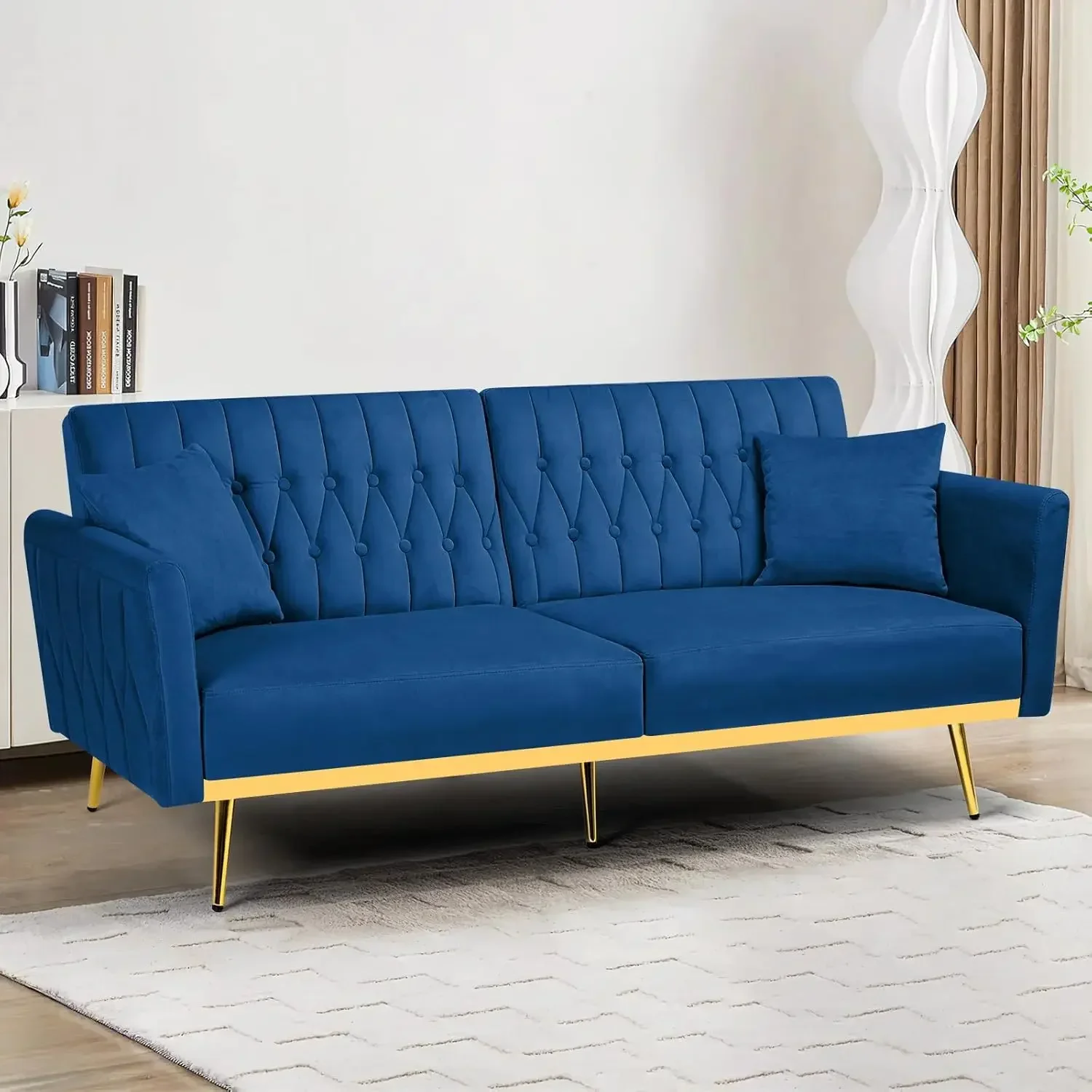 

70 Velvet Futon with Adjustable Backrest and Armrests, Sofa Bed with with Extra Pillows for Waiting Room, Living Room and Office