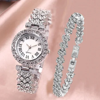 2 szt. Luksusowe kobiety Rhinestone zegarek w kolorze różowego złota moda damska zegarek kwarcowy z diamentem eleganckie kobiece zegarki na bransoletce zestaw prezent