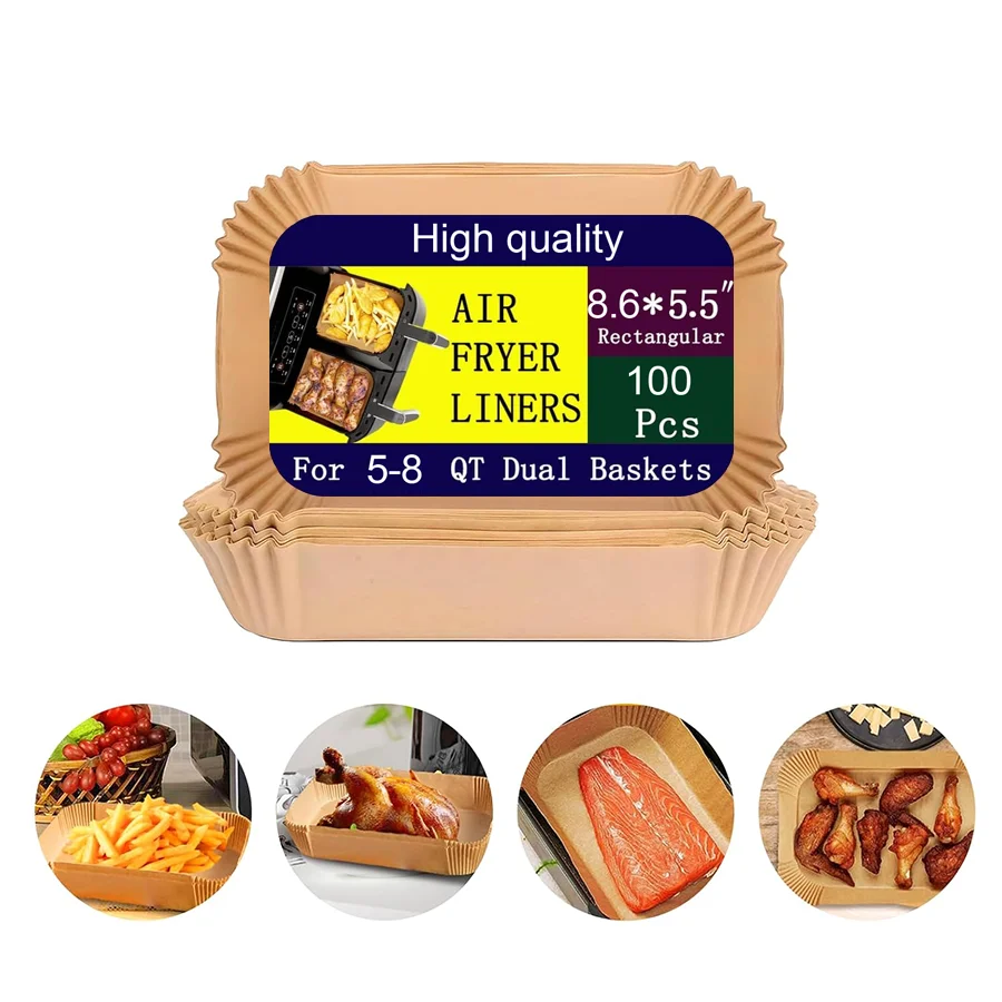 

100pz Air Fryer Paper for Dual Zone 22x14 Cm Disposable Non-stick Cooking Sheets Compatible with Cecotec Masterpro Ninja AF300EU