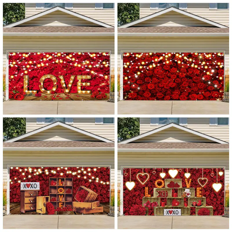 Valentine's Day Garage Door Decor Backdrop Glitter Red Rose Flower Love Heart Wedding Garage Door Background Outdoor Courtyard