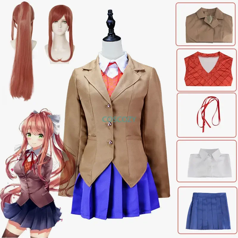 Anime Doki Doki Literature Club Monika Cosplay Sayori Yuri Natsuki Cosplay Costume School Girl Women Brown Uniform Skirt Suit OA