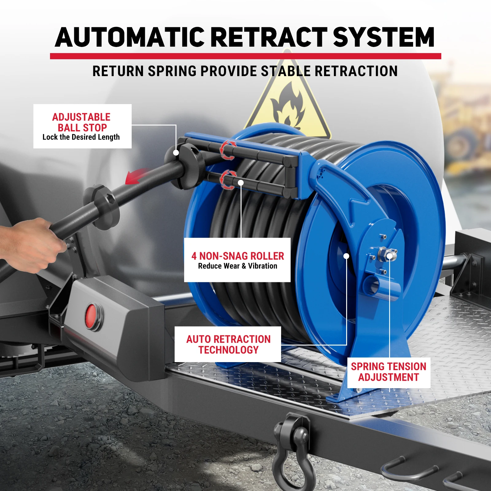 Fuel Hose Reel Retractable 1” x 50' Premium Commercial 300 PSI Heavy Duty Spring Rewind Diesel Hose Reel with Refueling Nozzle