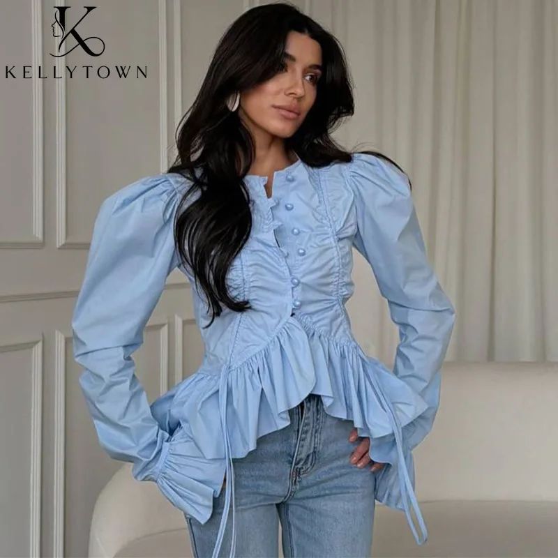 

2026 Autumn New Elegant Puff Sleeve Blouse Shirt Button Up Shirt Drawstring Ruched Asymmetric Solid Ruffles Hem Blouse Tops