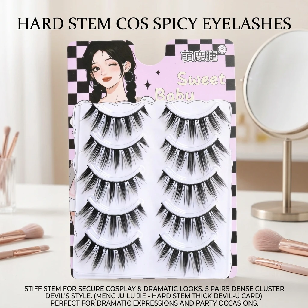 Hard Stem False Eyelashes Demon Style Cluster Lashes 5 Pairs Black Synthetic Fiber 11-13mm C Curl for Cosplay Stage Makeup