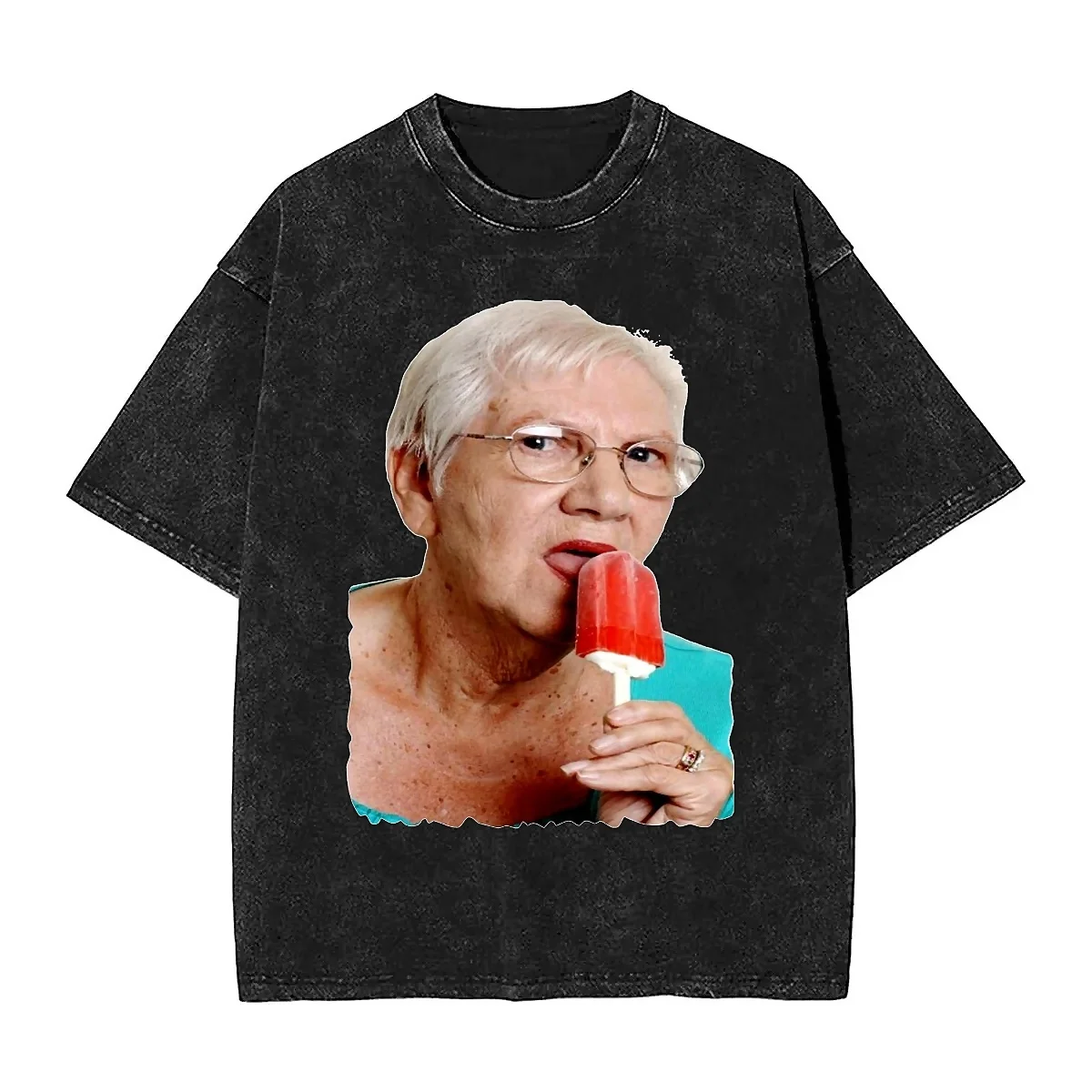 Senior Women Licking Red Popsicle Washed T-Shirt Unisex Grandma Granny Ice Cream T-Shirts Beach O Neck Tee Shirt Oversize