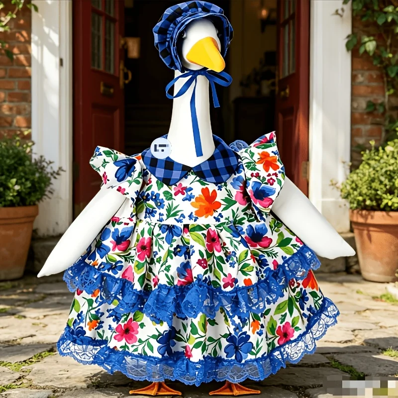 23" Blue Gingham Collar & Lace Trim Dress with Matching Bonnet - Floral Print Porch Goose Costume Suitable for Spring Summer Outdoor Lawn Parties, Easter Egg Hunts, Dress-Up for Role Play & Themed Events view 3