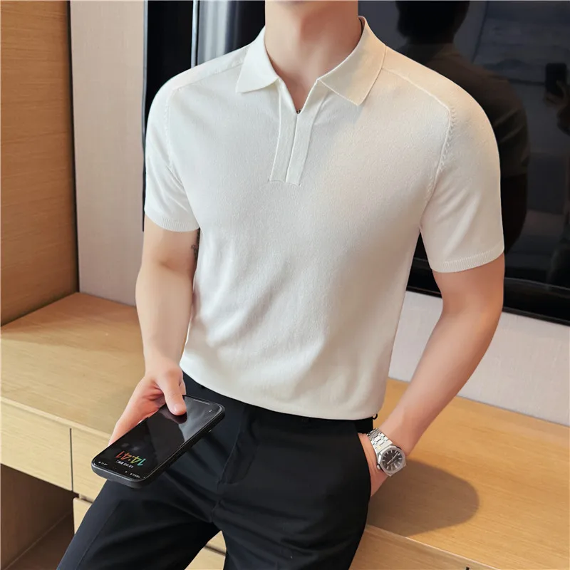 

Men's Old Money Style Tencel Lyocell Polo - Premium Knitted V-neck Shirt Luxury White Office Casual Top Slim-Fit T-shirt