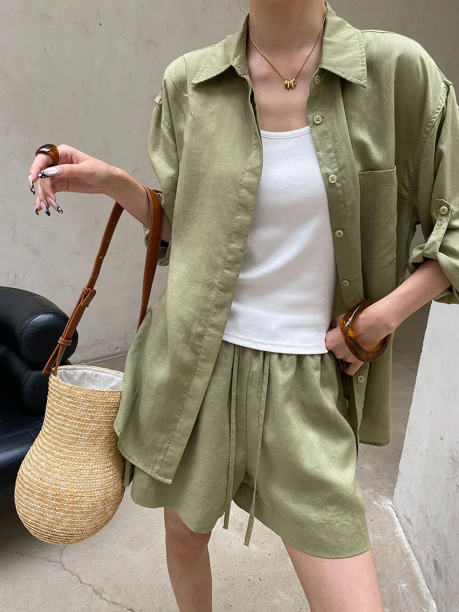 Sommer Damen Casual Einfarbiges Sonnenschutz-Kragen-Langarmshirt mit Kordelzug-Shorts, Lockeres Set – Detail 18