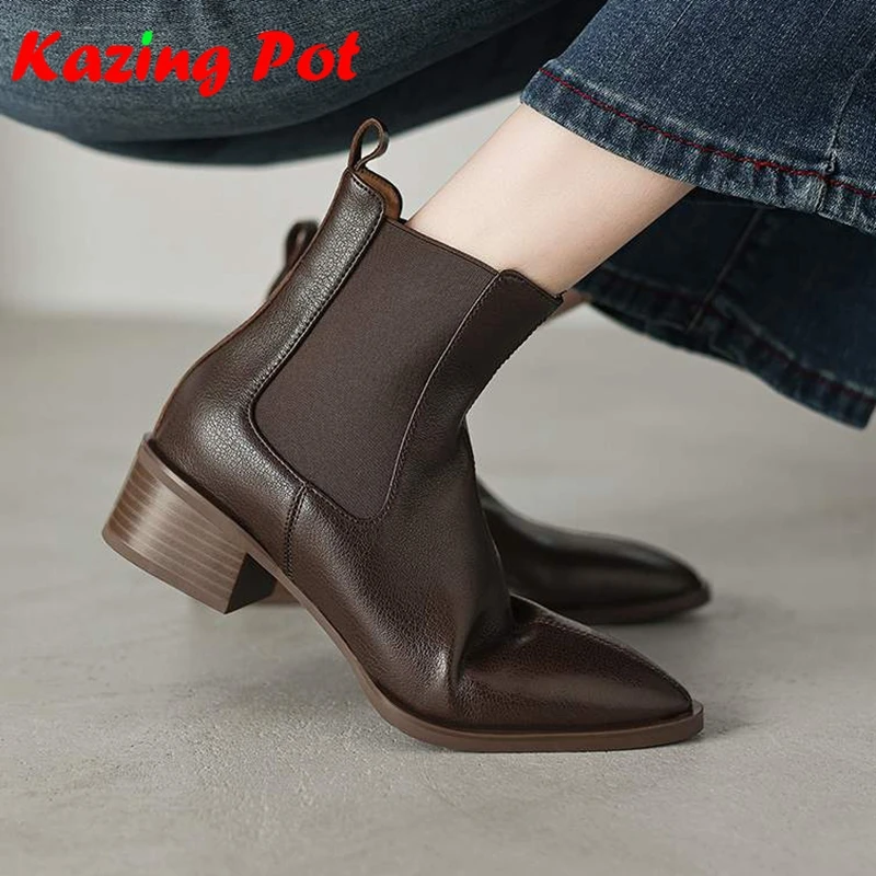 Krazing Pot 2027 Rome Sheepskin Round Toe Med Heels Slip On Chelsea Boots Warm Winter Shoes Preppy Style Black Brown Ankle Boots