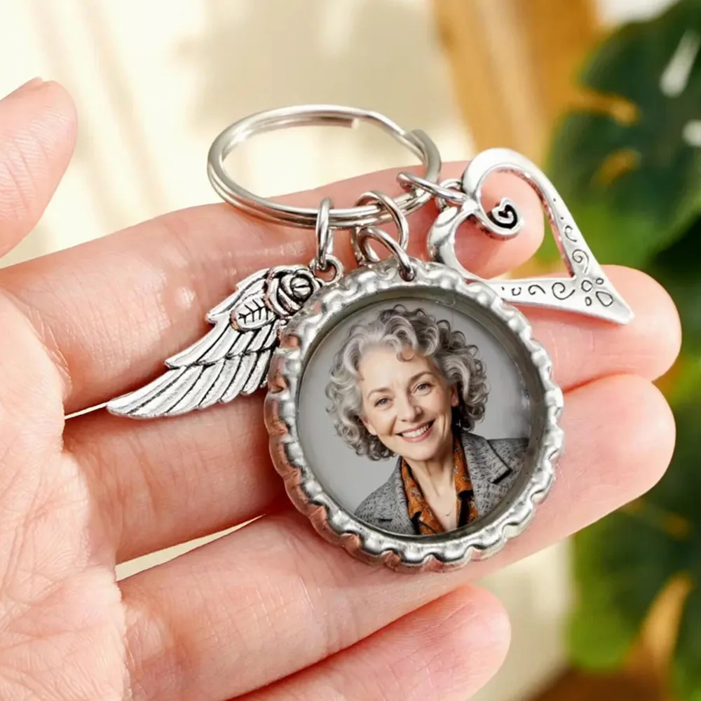 Personalized Photo Memorial Keychain, Angel Wing Charm