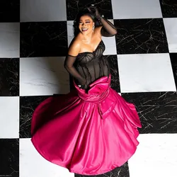 Strapless See Through Beaded Shinny Mermaid Dress Hot Pink Ruffled Long Evening Dresses Custom Made Open Back Prom Gowns