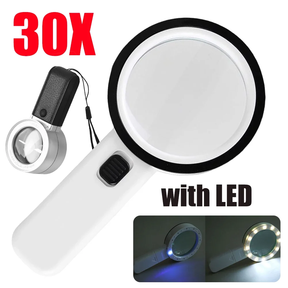 45X/30X Handheld Reading Magnifier Illuminated With LED Microscope Lens Jewelry Magnifying Reading Jewelry Glass Repair Tool