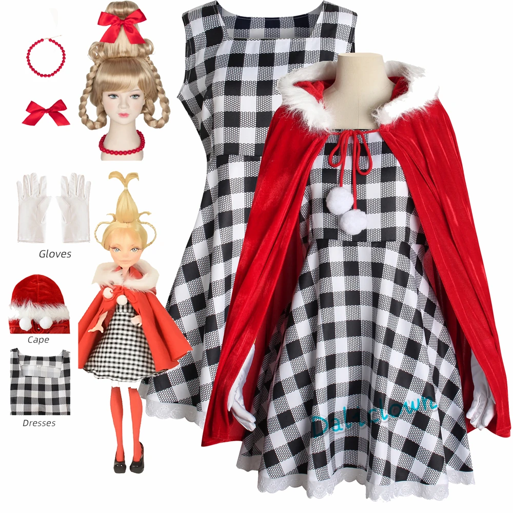 

Cindy Lou Who Coaplay Costume Kids Girls Plaid Dress Red Hood Cloak Green Wig Monster Cosplay Costume Christmas Clothes Women