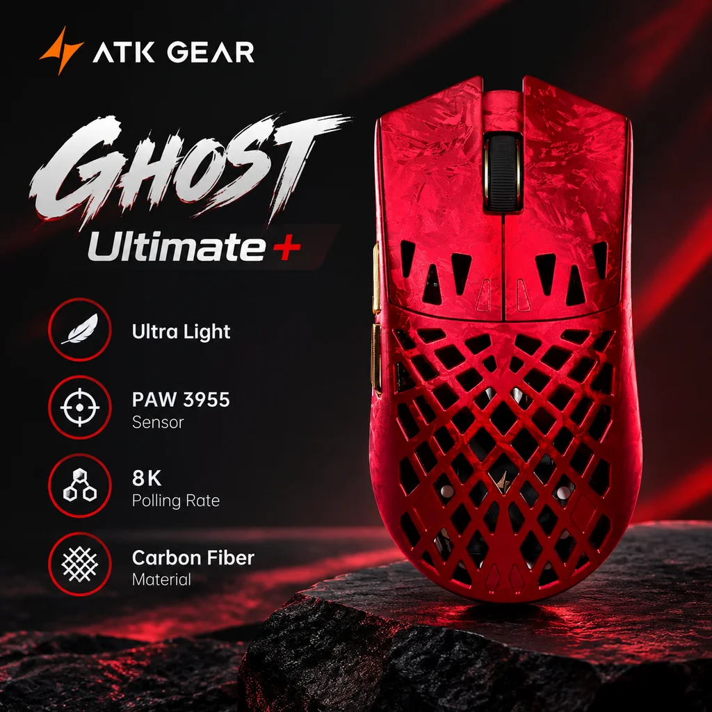 Atk Ghost Composite Carbon Fibre Hollow Wireless Gaming Mouse, Paw3950 Sensor, Lightweight Bluetooth Mice For Fps Gaming & Gifts