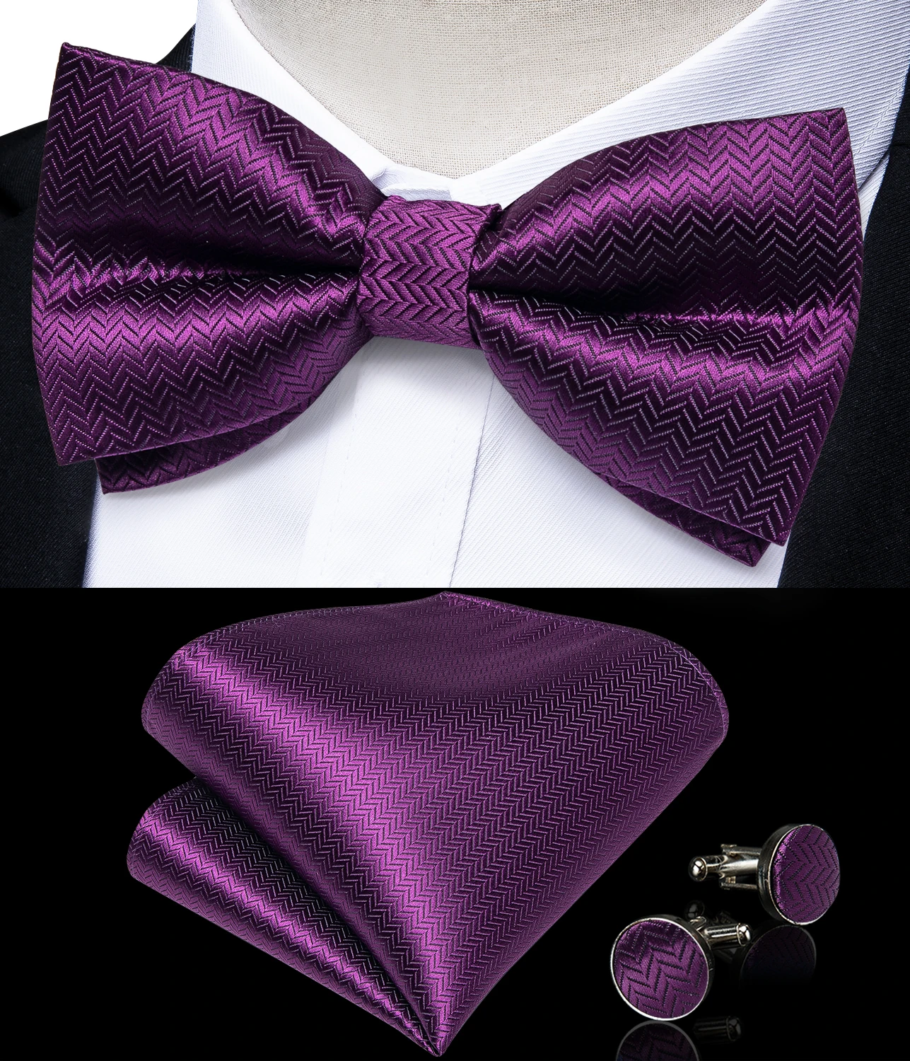 Klassisches schwarzes Herren-Fliege-Set mit Einstecktuch und Manschettenknöpfen – Paisley Gold Vorgebundene Fliege – Detail 27