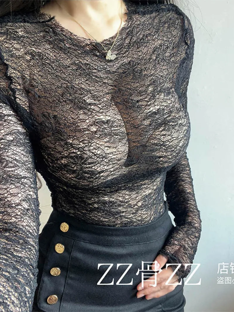 Mesh Lace Sexy Tees Autumn New Sweet Cool Street Casual Spicy Girl Sexy Translucent Long Sleeve T-shirt 2024 New Tshirts M92F