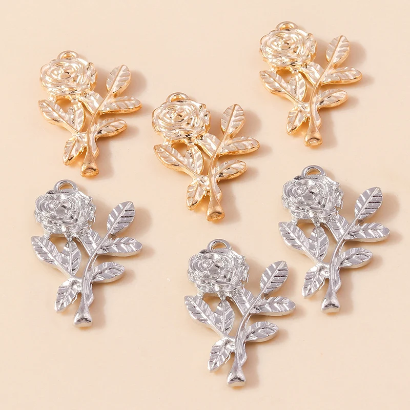 Leslie 10 Stück/Set Trendige Legierung Gold Silber Farbe Rosen-Blumen-Anhänger für Armbänder Halsketten DIY Handgemachtes Schmuckzubehör – Detail 5
