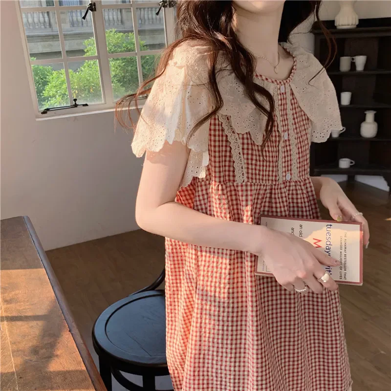 Plaid Retro Elegant Casual NightDress Soft Ruffles Sweet Simple Summer O-Neck Princess Long Sleepwear Cotton Lace Short sleeve