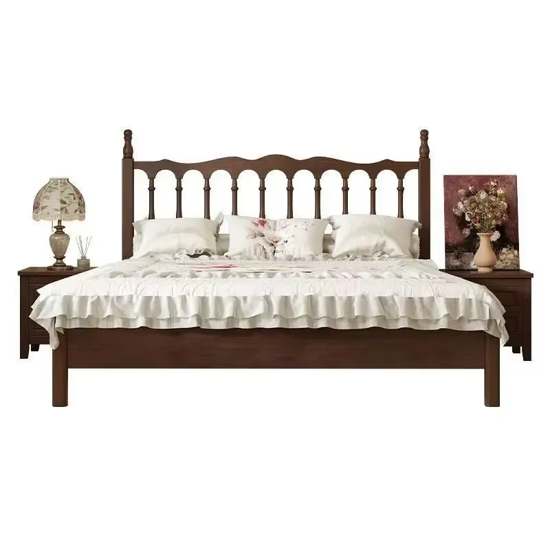 Retro Solid Wood Bed Black Light Modern Master Bedroom Single Double Size Bedding Set