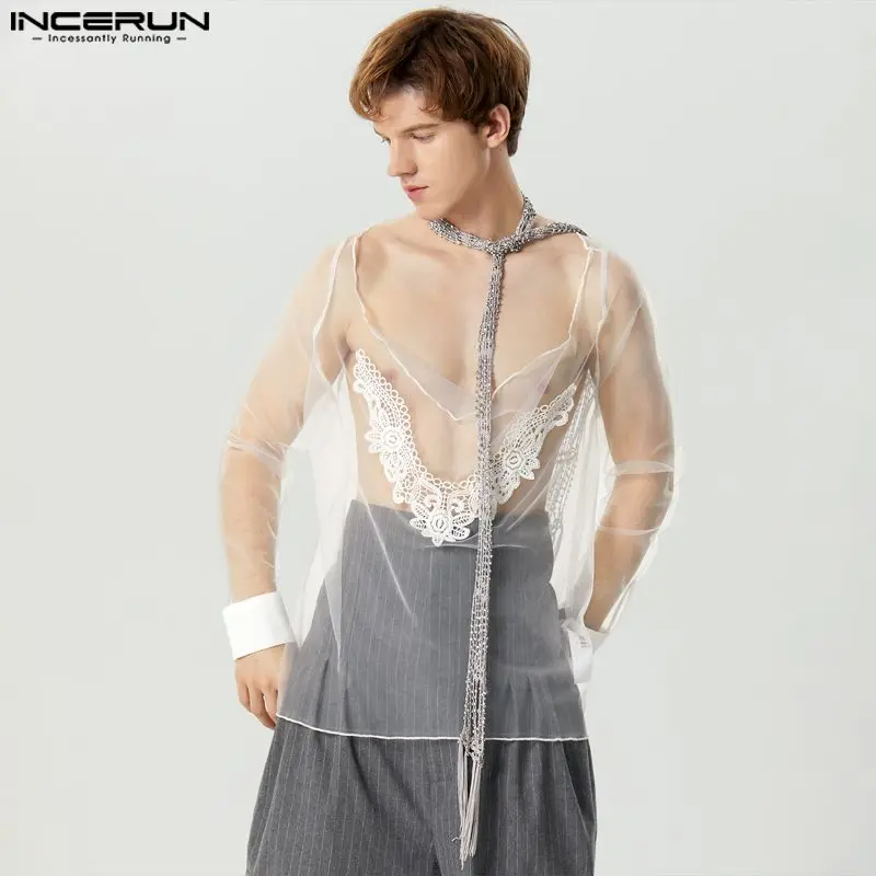 INCERUN Men T Shirt Mesh Lace Patchwork Transparent Sexy V Neck Long Sleeve Camisetas Streetwear 2024 Fashion Men Clothing S-5XL