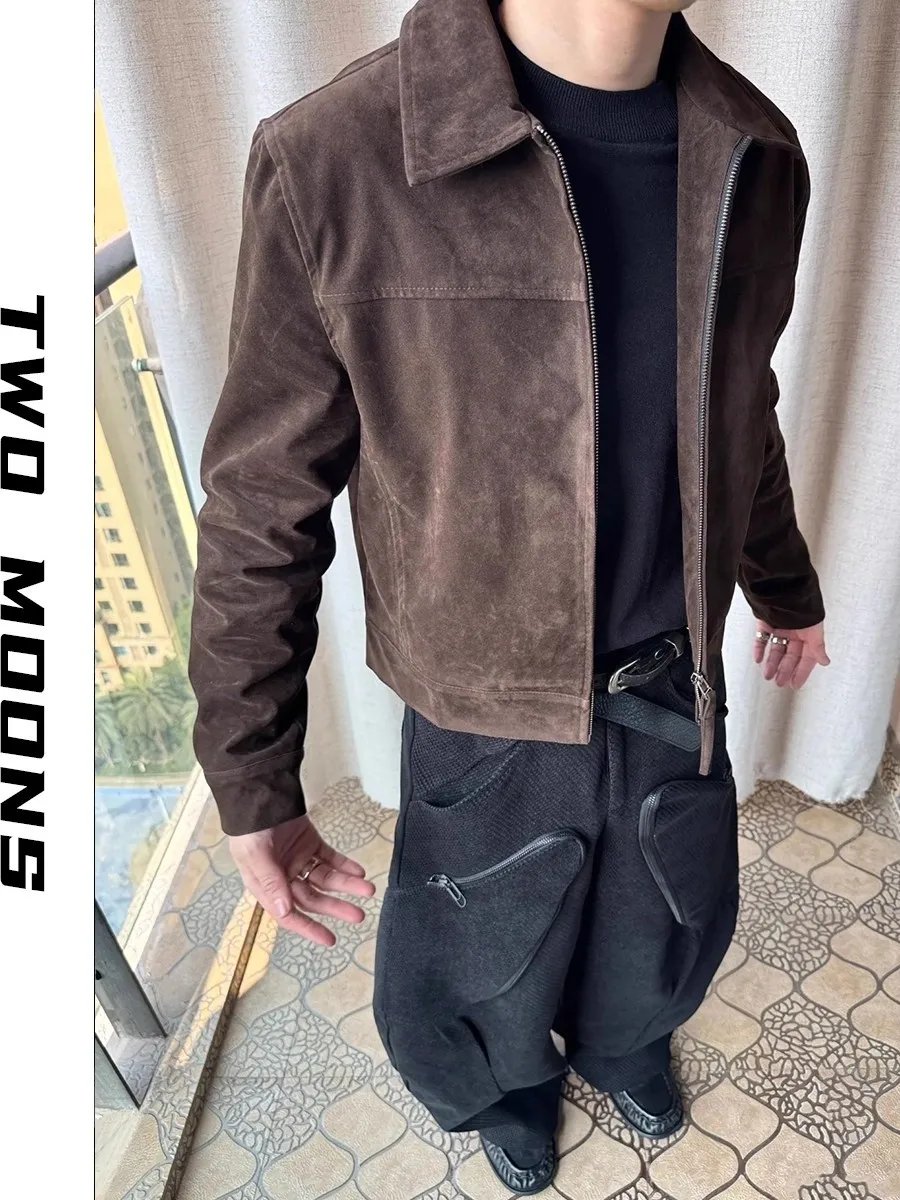 

Мужская замшевая куртка в американском стиле в стиле ретро, свободная повседневная верхняя одежда с воротником, модный осенний новый универсальный длинный свеч на молнии