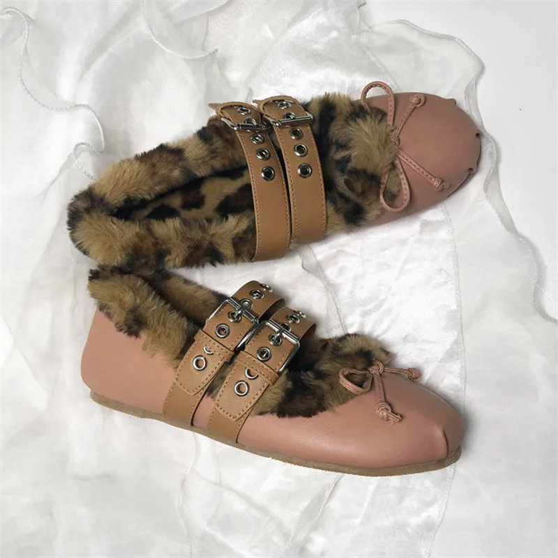 

Leopard Print Round Toe Mary Jane Shoes Thick Rabbit Fur Ballet Flats Lace-up Buckle Loafers Zapatos Mujer Chaussure Femme