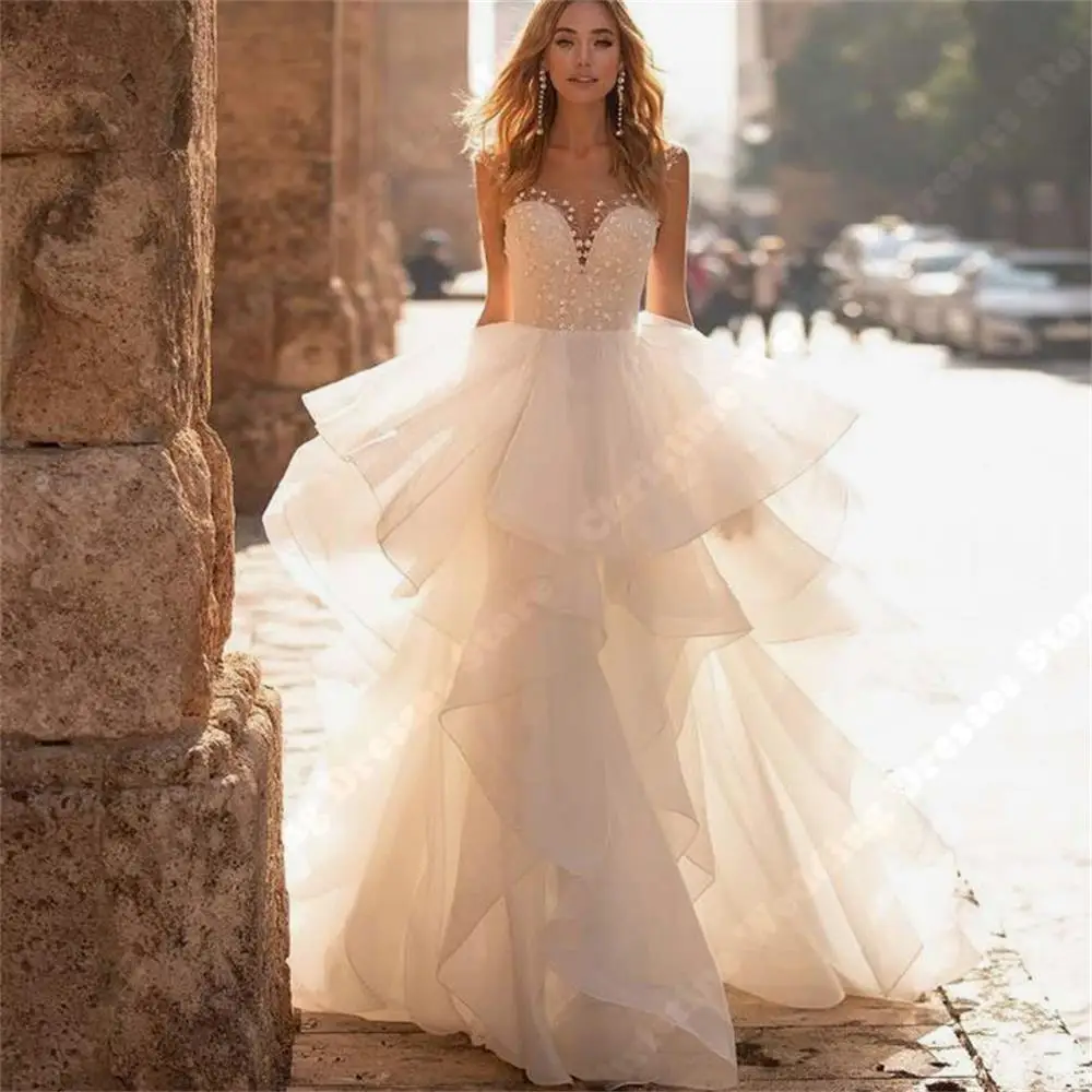 

Modern V-Neck Wedding Dresses Long Sleeves Lace Appliques Bride Gowns Thin Gauze Fluffy Skirt Court Robes Lady Vestidos De Novia