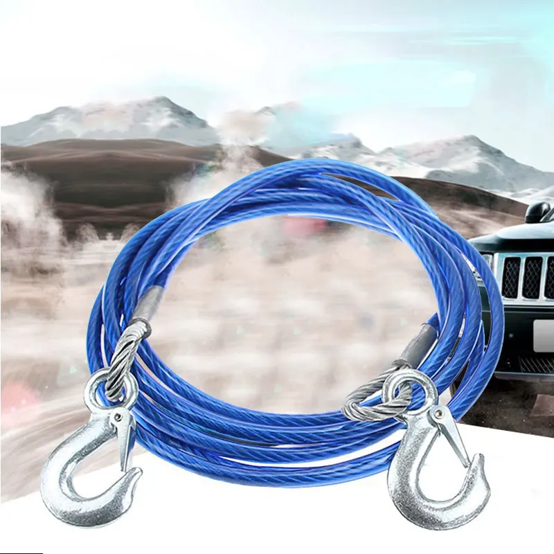 3-7 Tons Car Towing Rope Steel Wire Rope with Hook Trailer Towing Emergency Self Rescue Tool for Vehicle Recovery