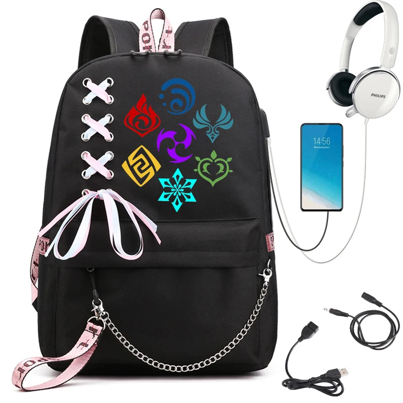 

New Nylon Usb Women Backpack Genshin Impact Casual Backpack for Teenagers Women Large Capacity Genshin Impact Ladies Schoolbag