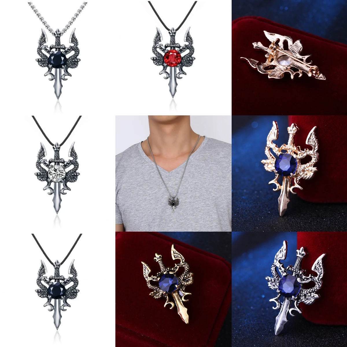 Cross border new personalized design double dragon ruby cross necklace men's and women's stainless steel pendant
