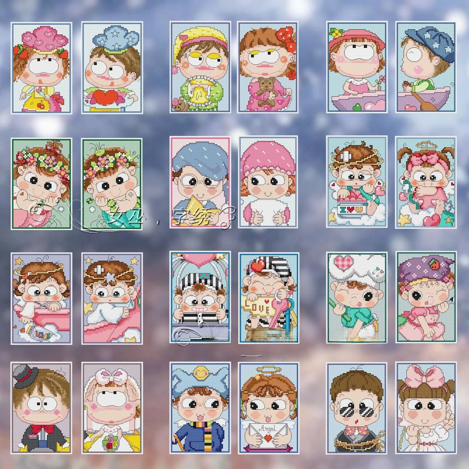 

Handmade Cross Stitch Card Holder Witch Design Large Eyes Cartoon Bus Card Protector Couple Love Theme Home Fabric Art
