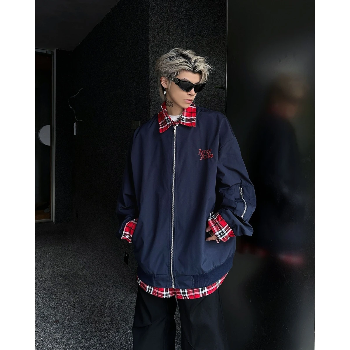 

American Sle Plaid Patchwork Fake Two-Piece Jaet Men's Spring Vintage Workwear Pilot Jaet Baseball orm Trendy