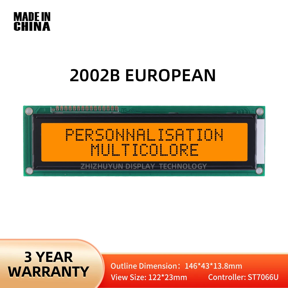 LCD 2002B European Character Display Orange Light Black Text ST7066U Controller 2.6-Inch Multi Language Font Library