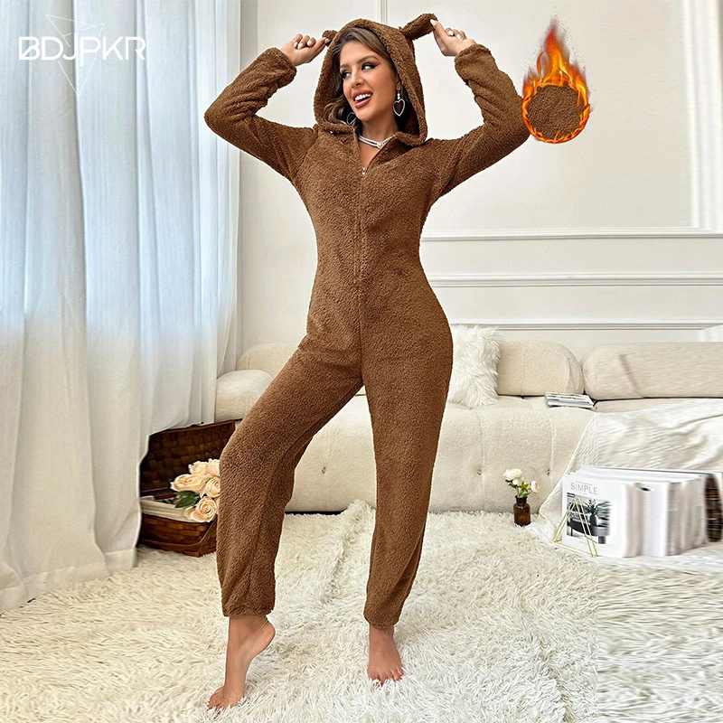 

Fashion Sweater Pajamas Autumn Winter Thickening Female Velvet Hooded Casual Onesies Solid Flannel Hot Woman Pajamas Home Cloth