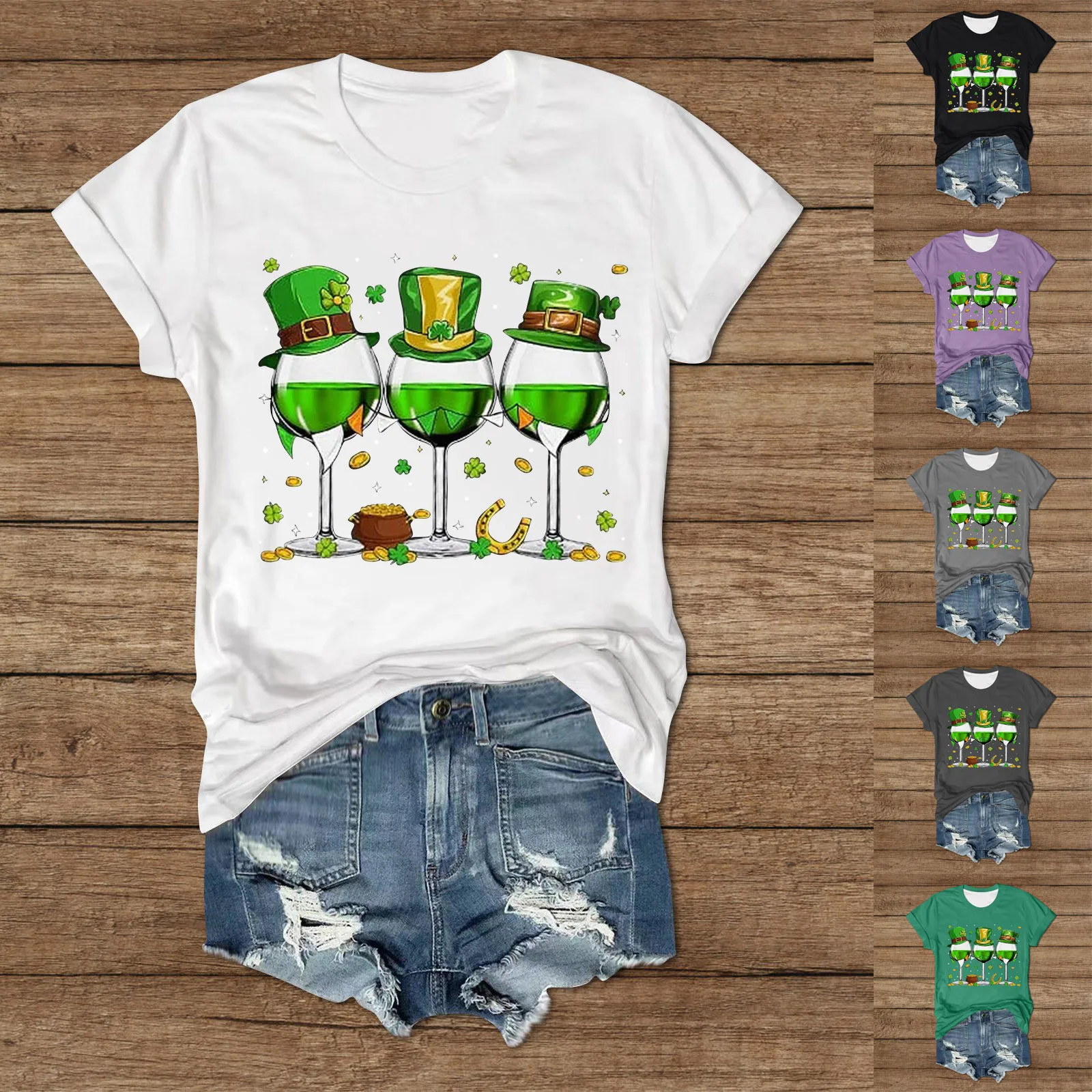 Green Wine Glass Hat Print T-shirt St-patrick-day Tee-shirt Irish Casual T-shirts Round-neck Short-sleeve Women Tops Chemise