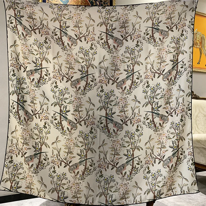 High-end Elegant Women's Exquisite Fresh Floral Double-sided Print Quality Silk Wool Hand-rolled Edge Large Square Scarf Shawl