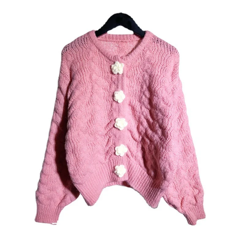 Top corto in maglia girocollo in stile coreano più venduto autunno/inverno 2025 da donna - Dolce cardigan a fiori 3D a maniche lunghe (Bestsell