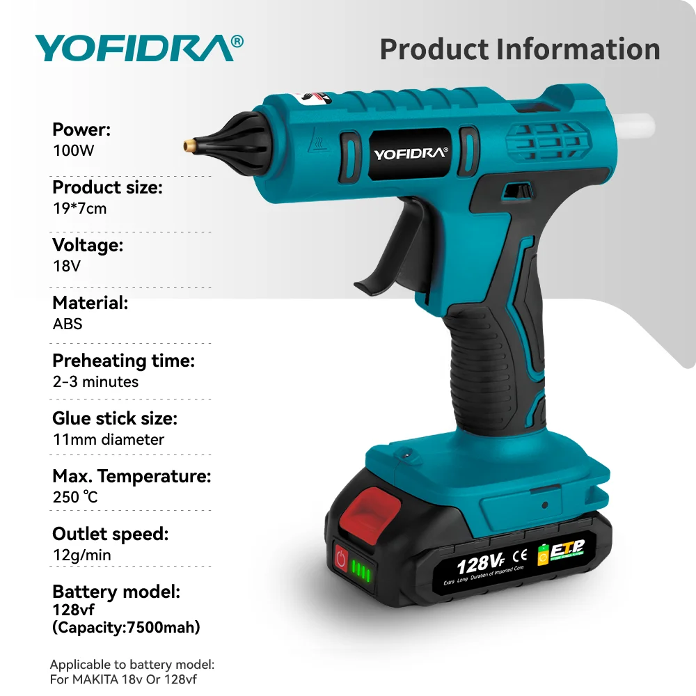 YOFIDRA 100W 260° Hot Glue Gun  Electric Mini Glue Guns Repair Power Tool With 10pcs 11MM Glue Sticks for Makita 18V Battery