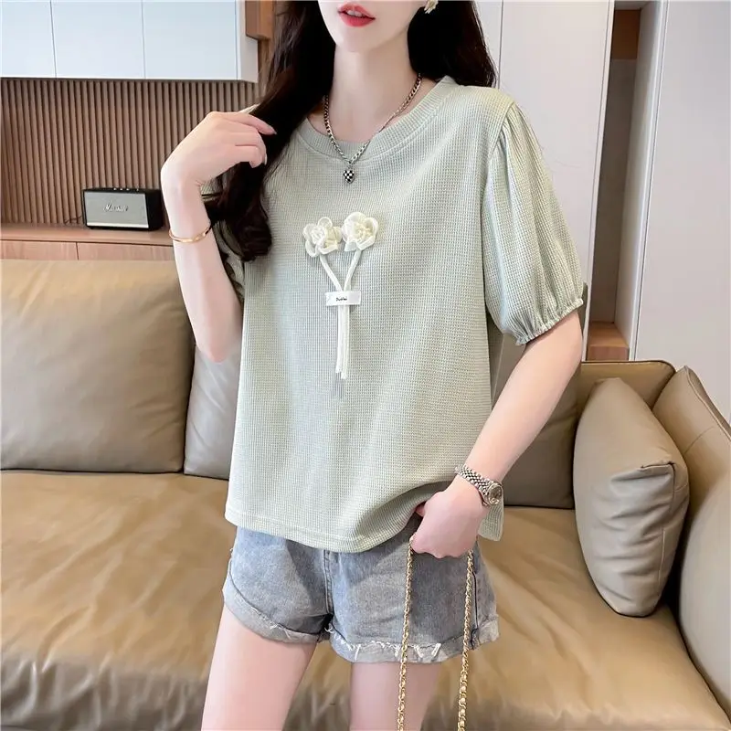 

Summer Casual Daily Short Sleeve Women's T-shirt Floral Appliques Solid Tee Top Ladies Elegant Tshirt Short Puff Sleeves Tshirts