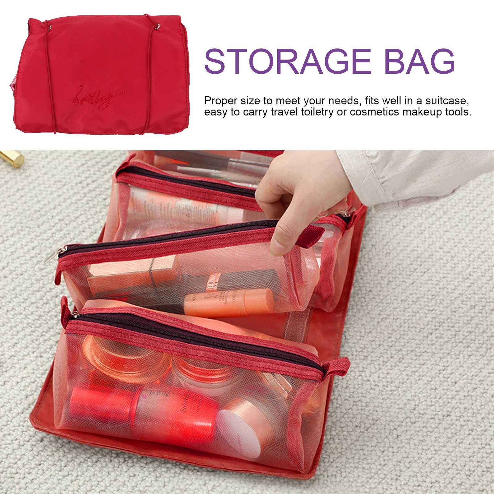 

1Pcs Hanging Toiletry Makeup Bag Portable Travel Organizer Folding Cosmetics Storage Pouch Detachable for Trip Outdoor Activity